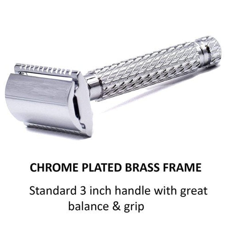 Parker 94R Double-Edge Safety Razor - Chrome-Plated Brass, Standard-Length Handle + 5 Premium Blades for Classic Wet Shaving
