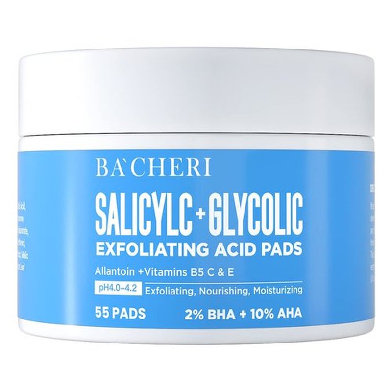 10% Glycolic Acid + 2% Salicylic Acid Peel Pads - BACHERI Resurfacing Pads For Face with Vitamins B5, C & E, Allantoin - Exfoliating Facial Peel for Dark Spots, Blackhead, Acne, 55 Pcs