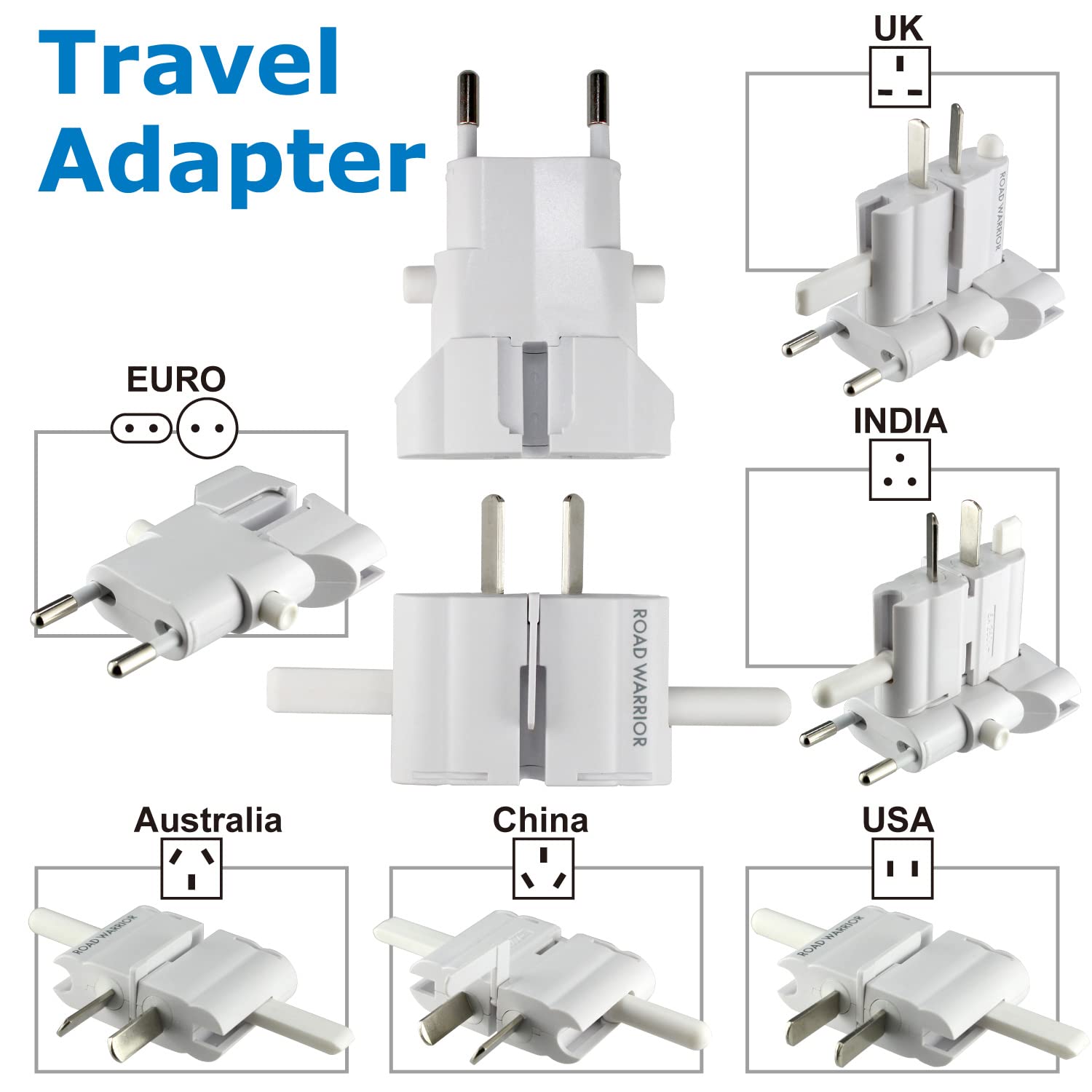 ROAD WARRIOR Worldwide Travel Plug Adapter European/UK/Australia/USA/India/Brazil/China Does Not Convert Voltage RW101WH