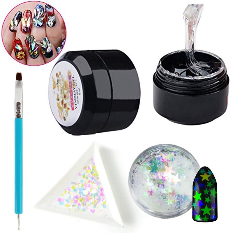 YesLady Nail Art Rhinestone Builder Glue Kit Super Adhesive Nail Gel for Gems & Jewelry Diamond Beads (UV/LED Lamp Cure Needed) with Brush &Sequin