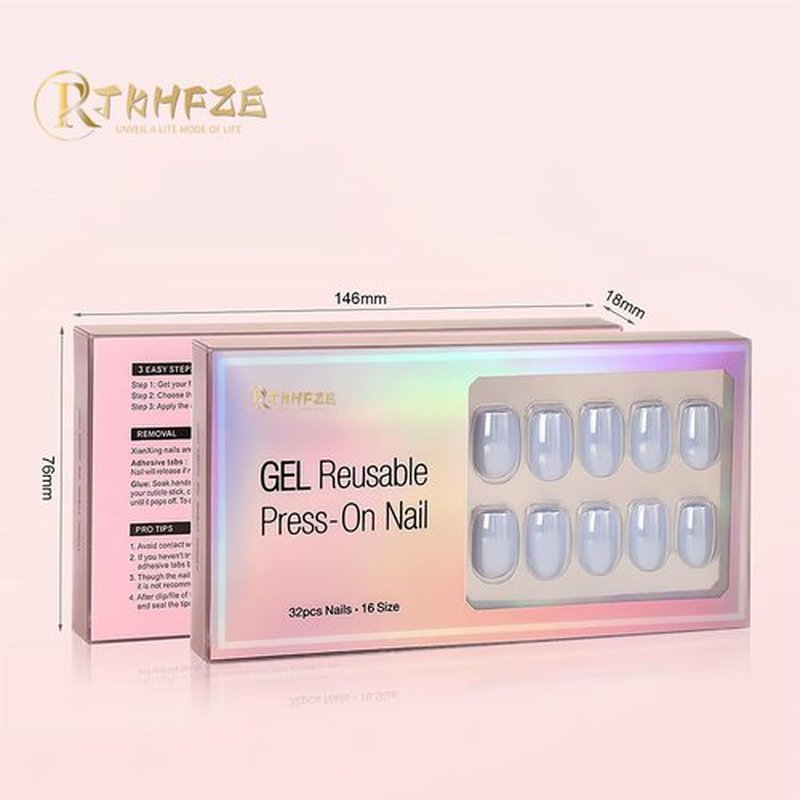 RTKHFZE French Tip Press On Nails - Square Press On Nails Short, Jelly Square False Nails,Natural Fake Nail with Nail Glue, Reusable Glue On Nails in 16 Sizes - 32 Fake Nails Kit for Gift Idea