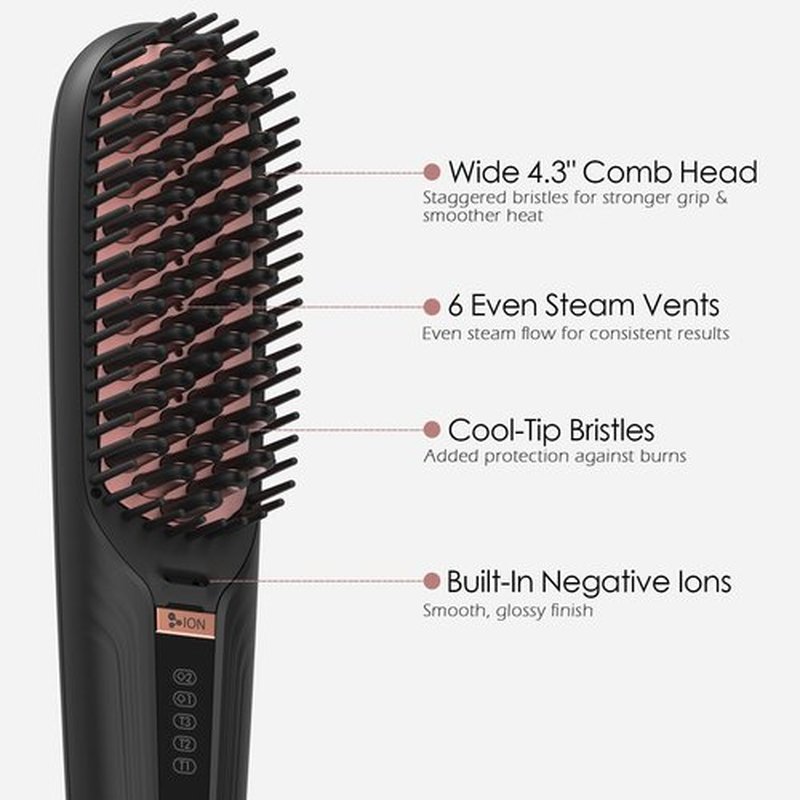 Tome Steam Hair Straightener Brush, 3-in-1 Ionic Straightening Comb with 2 Steam Levels, 3 Heat Settings (356°F–428°F), Dual Voltage 110-240V, Anti-Scald Design for Frizzy & Curly Hair (Black)