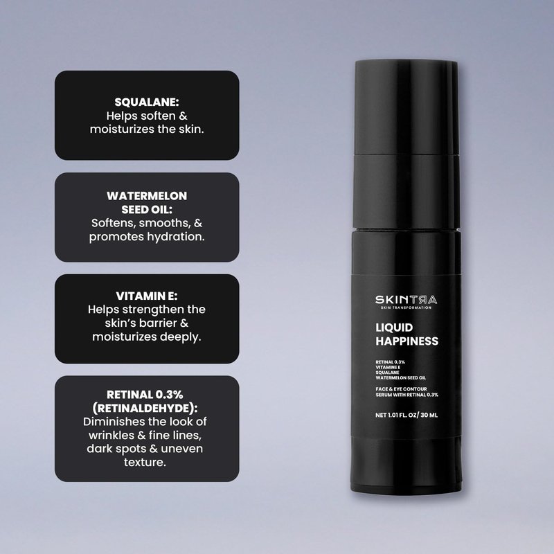 SkinTra Liquid Happiness Anti Aging 0.3% Retinaldehyde Serum for Face & Eyes - Retinal Discoloration Correcting Serum with Fast Absorbing Squalane - Boosts Firmness - Vegan, 30 ml/Net 1.01 Fl. Oz