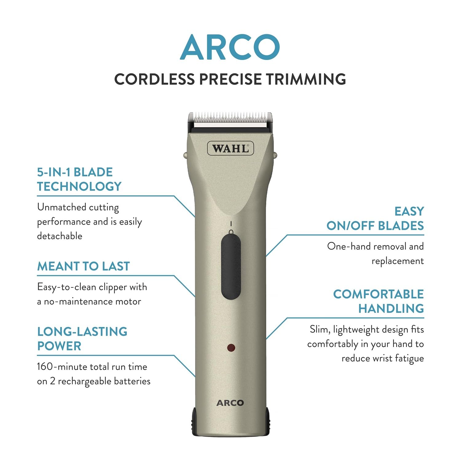 Wahl Professional Animal Arco Pet, Dog, Cat, and Horse Cordless Clipper Kit, Champagne (8786-452)
