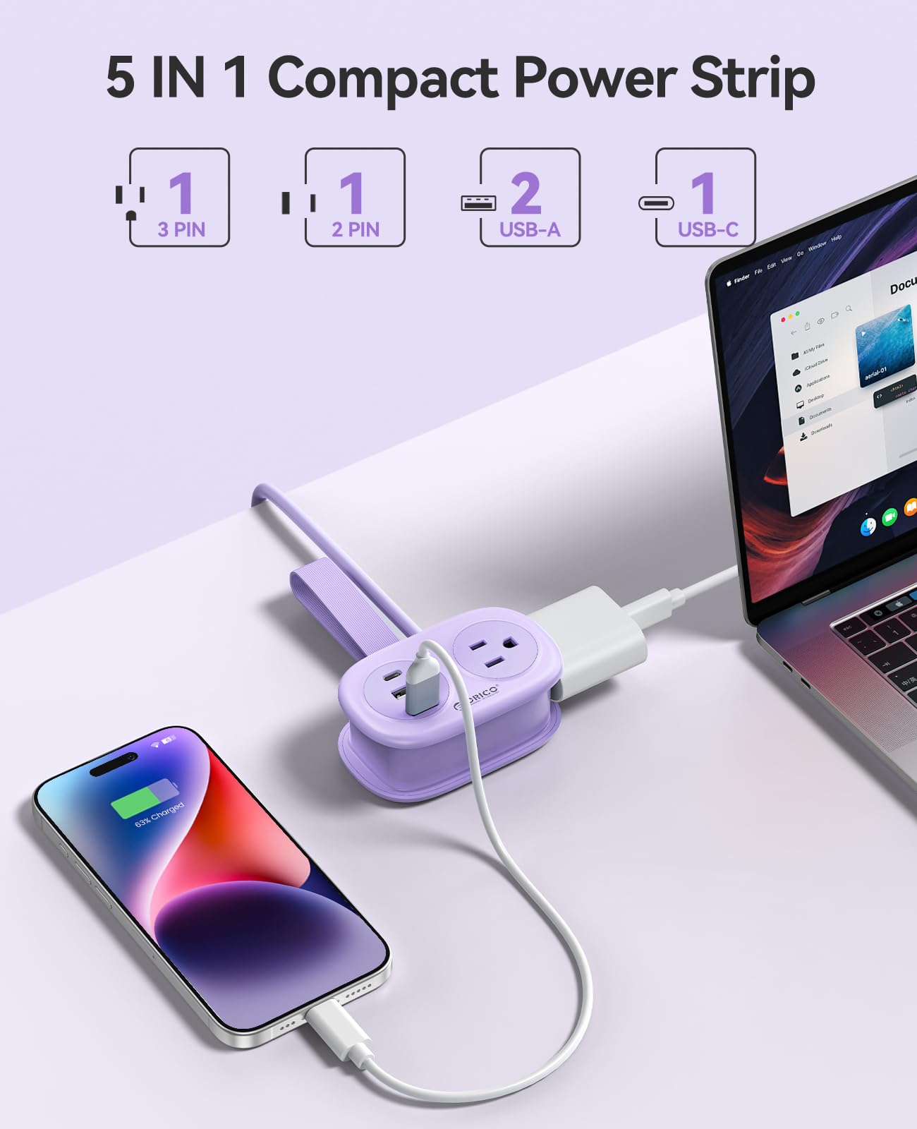 ORICO Cruise Approved Power Strip for Travel, 5 in 1 Extension Cord with 2 AC Outlets 2 USB-A and 1 USB-C Ports, 3.7 ft Flat Plug Wrapped Around Power Strip for Cruise Office, Hotel, Home- AP3