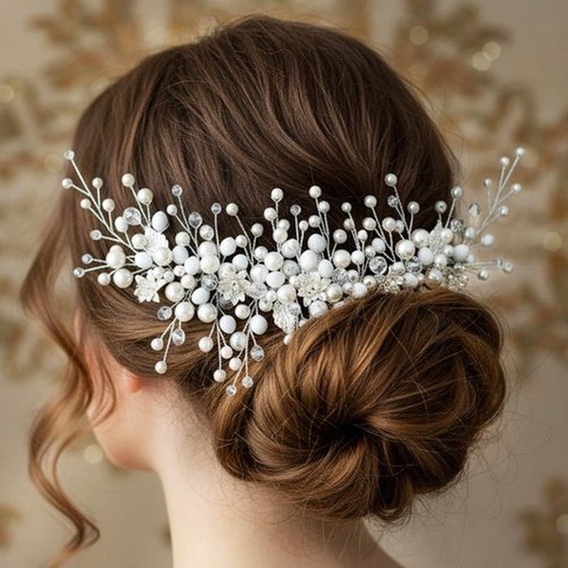 Bessney Pearl Wedding Hair Combs Silver Bride Hair Pieces Flower Hair Accessories for Women