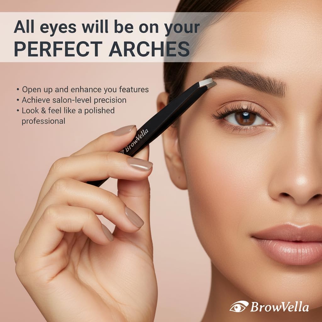 BrowVella Precision Slant Tip Tweezers for Eyebrows - Black