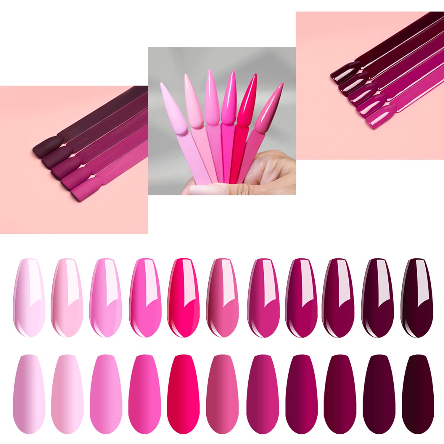 Vishine Gel Polish 12Pcs Soak Off UV LED Nail Art Manicure DIY Salon Set Pink Fuchsia Rose Purple Color Series with Matte Top Coat 8ml