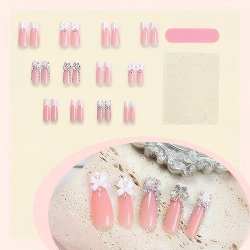 Rchovsam Long Square Press on Nails xxl French Tip Nails Press Ons Butterfly Diamond Bow-tie Design False Nails Full Cover Handmade Acrylic Fake Nails Gift for Women 24pcs