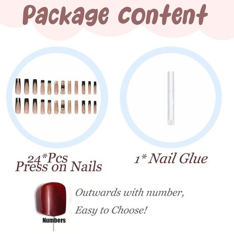 BABALAL Press on False Nails - Long Square Fake Nails Black Goth French Tip Glue on Acrylic Nails, Luxury Butterfly Charm Rhinestone Bling 24Pcs Handmade Glossy Squoval Manicure Artificial