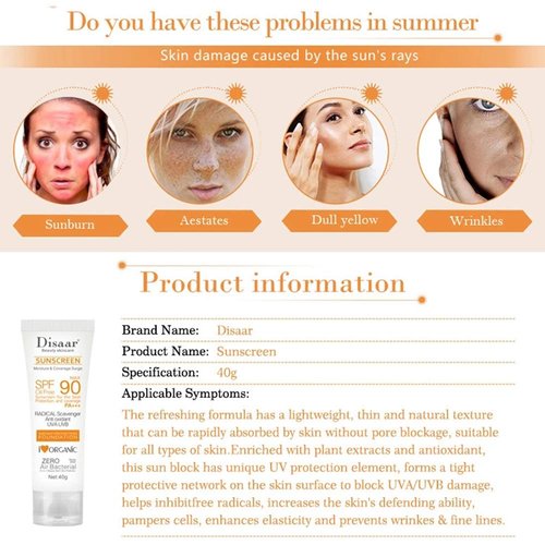 DISAAR BEAUTY Sunscreen SPF 90 - Oil-Free Sunblock with UVA/UVB Protection | Moisturizing 40g
