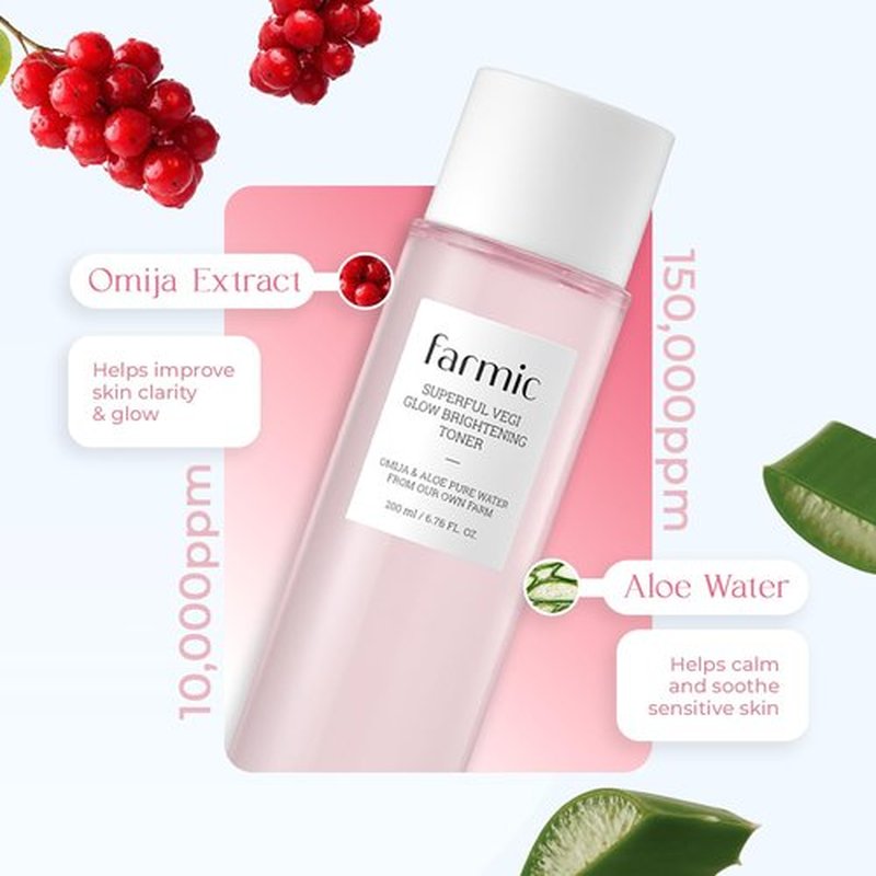 FARMIC Superful Vegi Glow Toner 6.76 fl.oz (200ml) Aloe & Omija Soothing Moisturizer Facial Vegan Toner Hydrating Radiant Face Cruelty-Free Korean Daily Skincare Prep All Skin Types