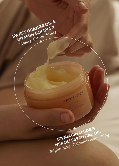 AROMATICA Glow Vita Goodnight Cream Orange & Neroli - Night Cream Moisturizer for Face & Neck | Anti Aging Wrinkle Cream with Vitamin C, 5% Niacinamide (3.1fl oz/90g)