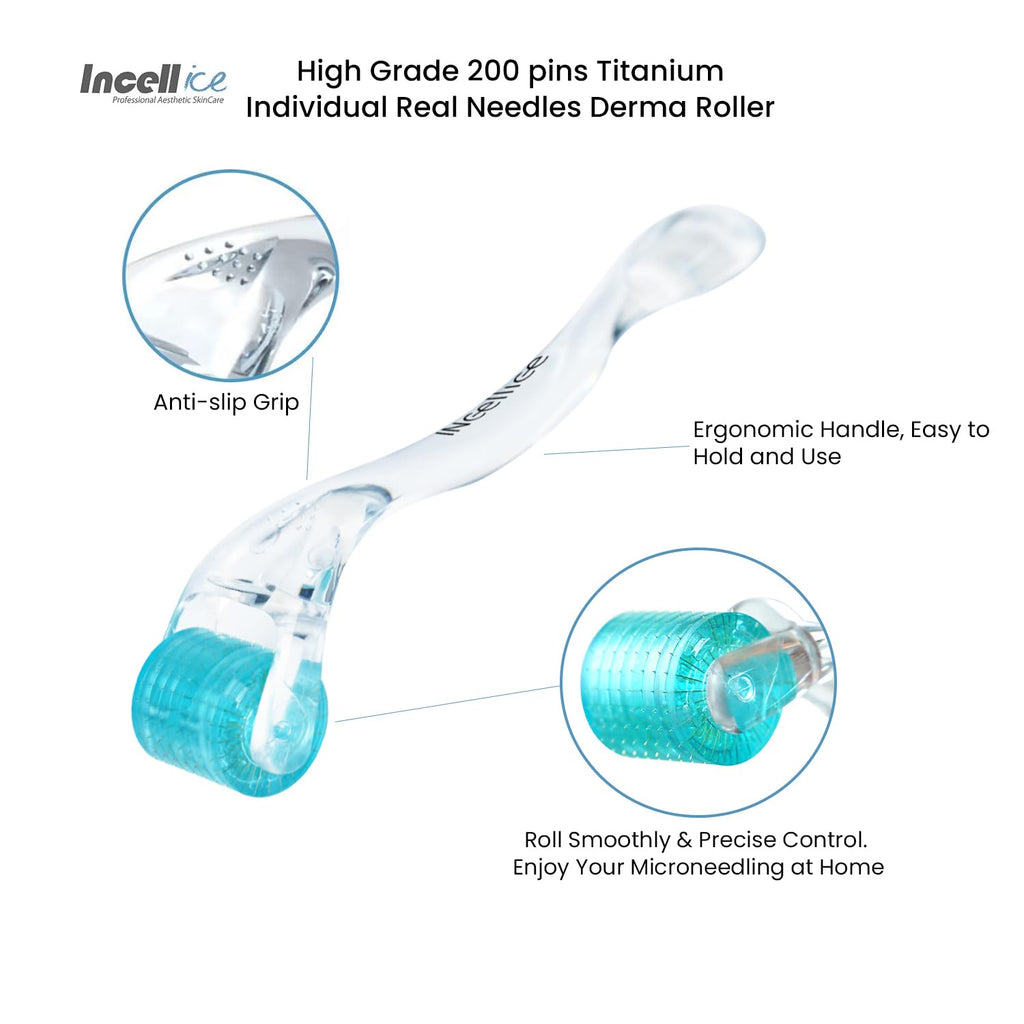 Professional Microneedling Derma Roller with 200 Real Individual Titanium Needles, Microneedle Roller for Face Body Scalp, Skincare Tool for Men Women Home Use - Sky Blue