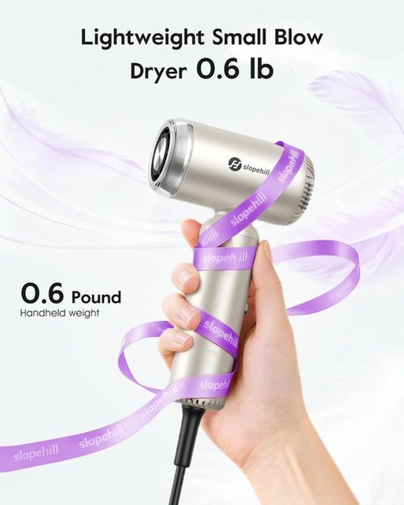 Slopehill Dual Voltage Mini Hair Dryer - Lightweight Ionic Blow Dryer for Fast Drying | Compact & Quiet with Magnetic Diffuser, 100-240V