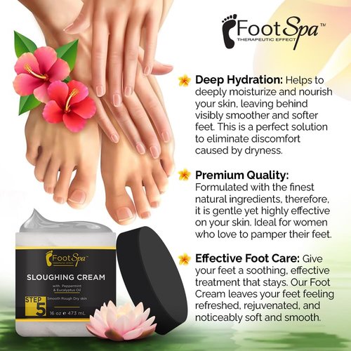 FOOT SPA - Foot Cream, Sloughing Lotion, Peppermint and Eucalyptus Oil, 16 Oz - for Dry Cracked Feet, Scrub Gently, Exfoliating, Smooths and Eliminates Buildup of Dead Skin