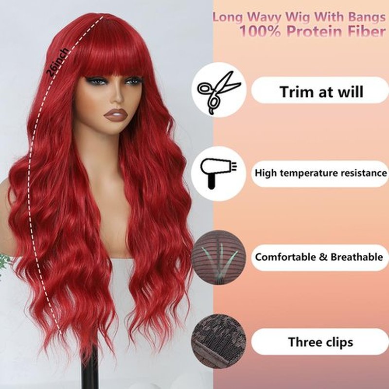 Long Red Wigs with Bangs 26Inch Wavy Curly Hair for Women Tangle Free Soft Natural Looking Premium Heat Resistant Protein Fiber Daily Party Use