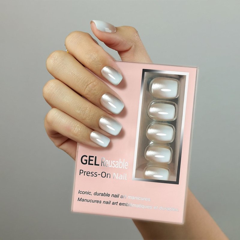 White Luxurious Cats Eyes Soft Gel Press on Nails Short Length Square False Nails with Gradient Designs Thickened Artificial Fake Nails Full Cover Glue on Nails for Women Nail Art Accessories 30 Pcs
