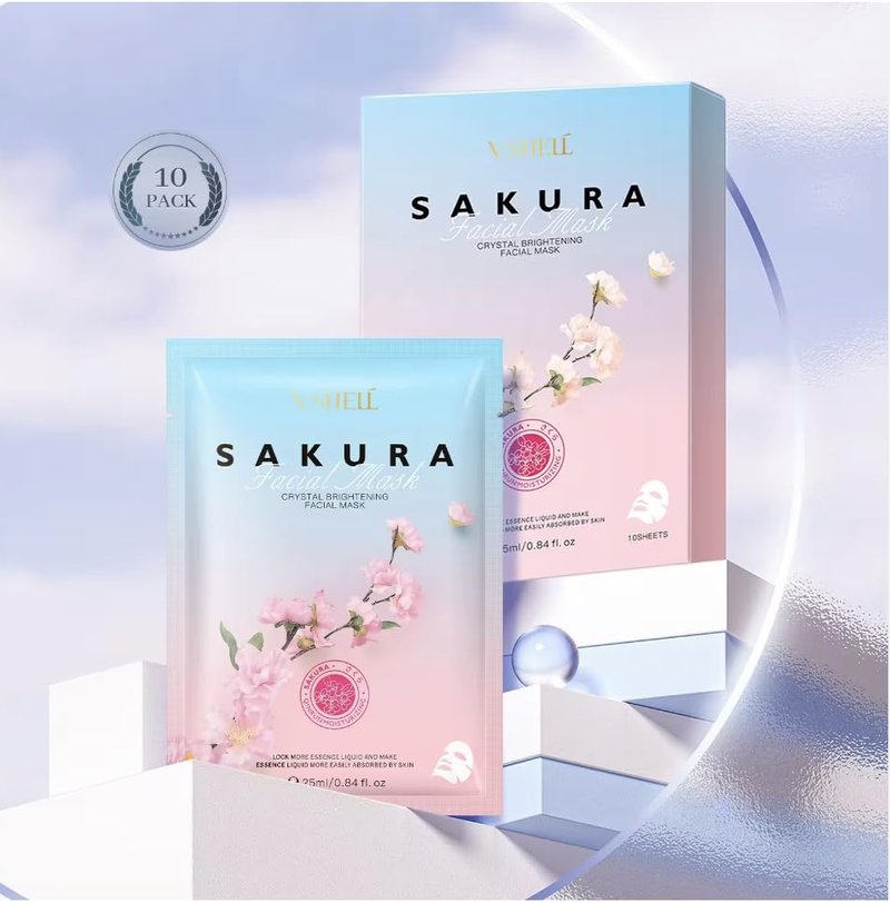 VSHELL Sakura Brightening Sheet Mask (10 Pack) – Hydrating Face Masks with Sakura Extract & Arbutin – Helps Improve the Look of Dullness, Dark Spots & Uneven Tone – Gentle for Sensitive Skin