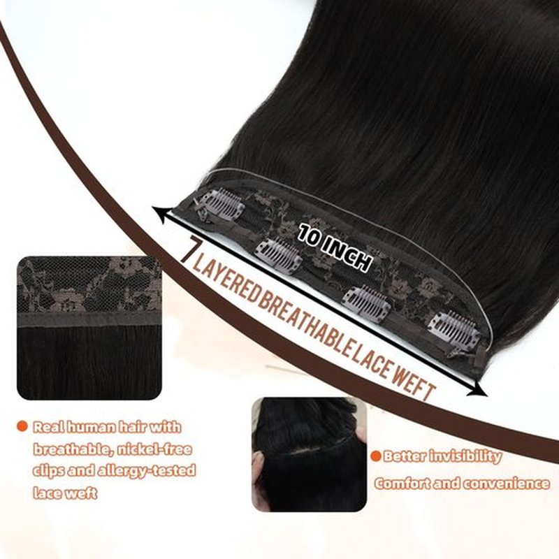 Invisible Wire Hair Extensions Real Human Hair - 12 Inch 70G Dark Brown Transparent Fish Line Clip-Ins Hair Piece, 100% Remy Human Hair Extensions for Women