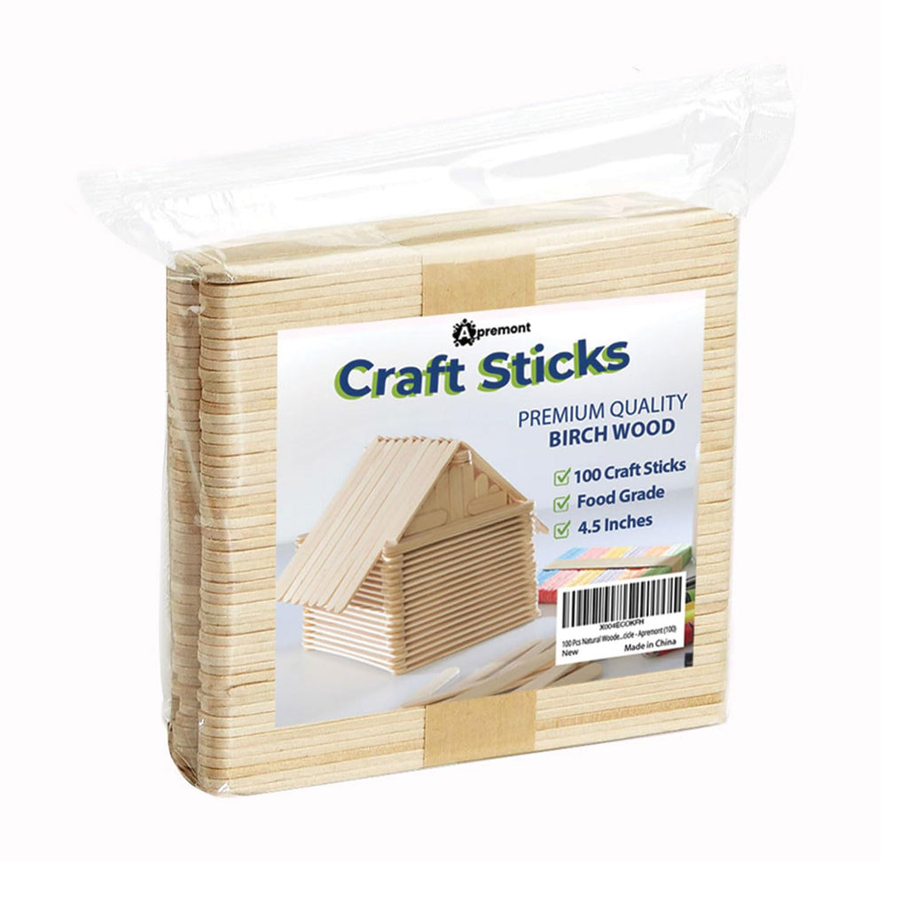 Apremont 100 Pcs - 4.5 inch Natural Wooden Food Grade Craft Sticks - Ice Cream Stick - Popsicle - Suit Crafting, Stirring, Paddle, Waxing, Small Ice Pop Stick for DIY Kids