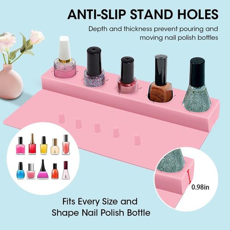Mydrissu Nail Polish Holder,Silicone Hand Rest Mat Fingernail Painting Tools 2 in 1 Art Accessories Organizer Case Set with Anti-Spill Bottle Stand and Finger Separators for Pedicure Manicure(Pink)
