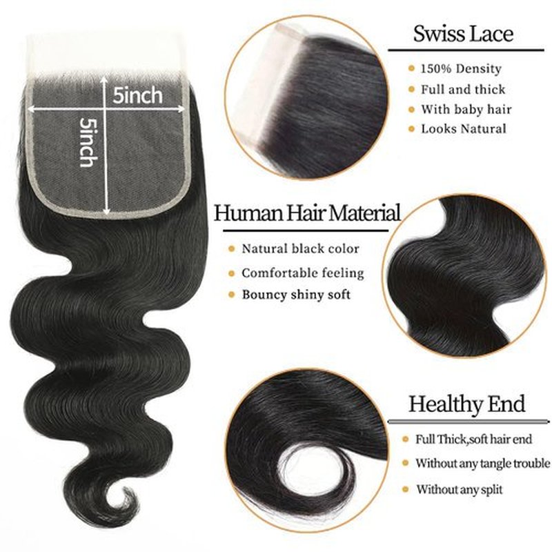 Bundles with Closure Human Hair 3 Bundles with Closure（16 18 20+14） Body Wave Bundles with 5x5 Lace Closure Free Part Natural Black Color