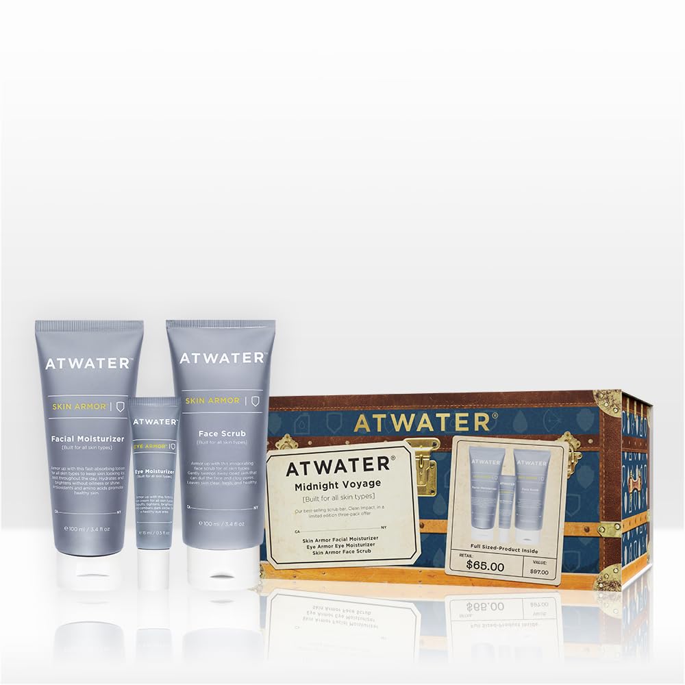 ATWATER Midnight Voyage Gift Set – 3-Piece Men’s Skincare Kit with Face Scrub, Eye Cream & Facial Moisturizer, Clean Skincare Set for Travel & Daily Hydration