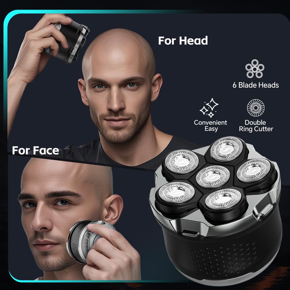 Mens Electric Bald Head Razor,Head Shaver for Bald Men Grooming Kit Wet-Dry Rotary Shavers Nose Hair Beard Trimmer Clippers Facial Cleansing Brush Cordless Waterproof USB Charging Rechargeable