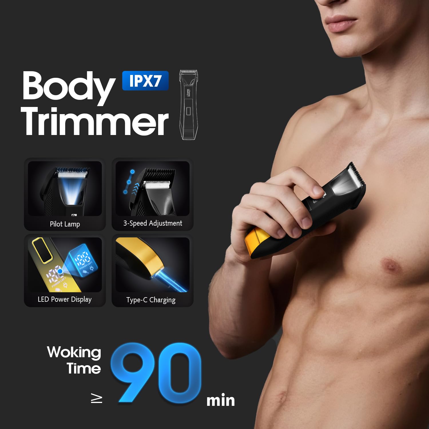 DSP 4-in-1 Men's Grooming Kit, Manscape Adjustable Beard Trimmer, Body Trimmer, Nose Hair Trimmer & Foil Shaver, IPX7 Waterproof, LED Display, Cordless for Face & Body, for Home, Gift for Men