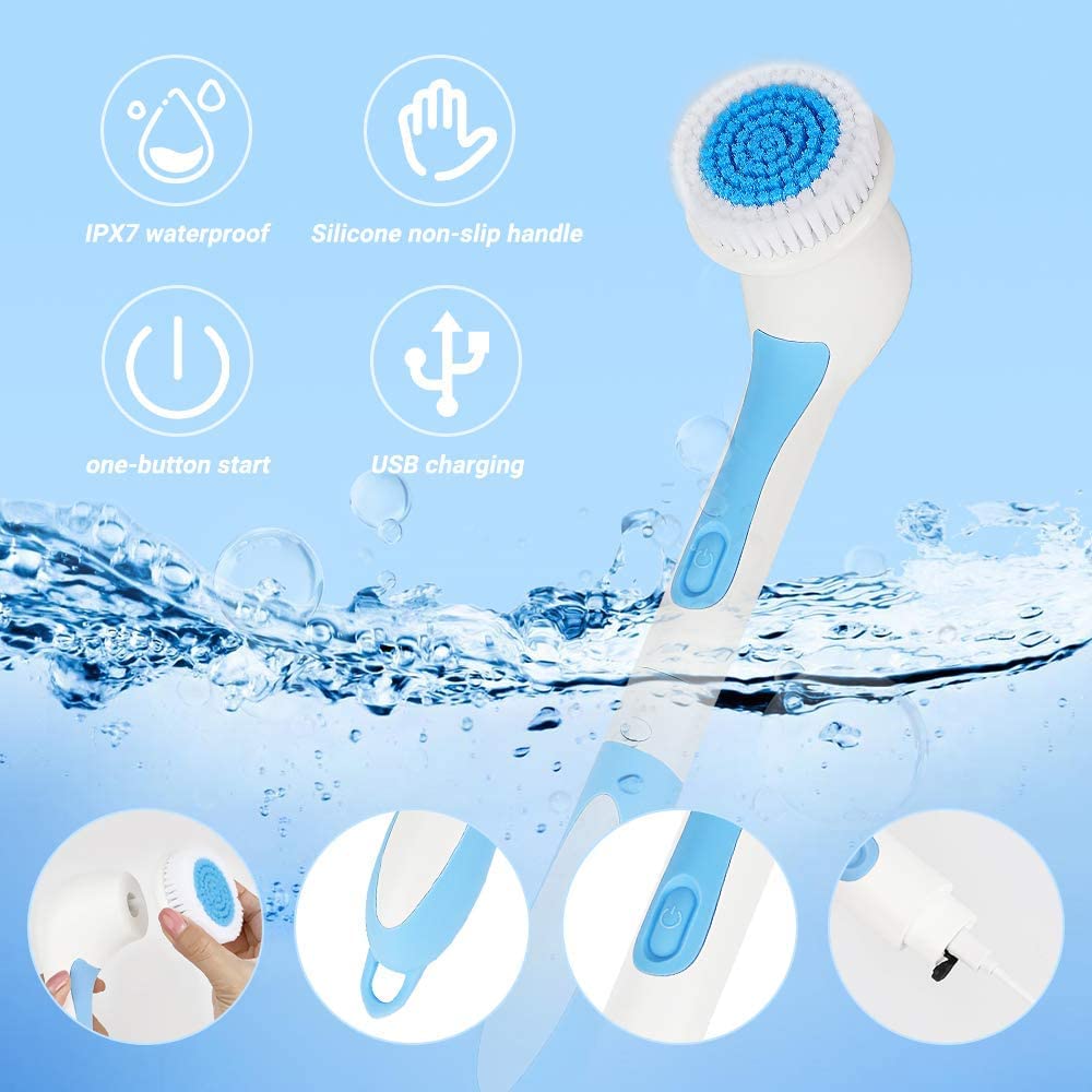 Electric Body Brush for Exfoliating and Massage, Color You Electric Bath Brush Body Scrubber Shower Brush with Long Handle, Soft Silicone Spinning Skin Brush with 4 Spin Brush Heads for Man and Women