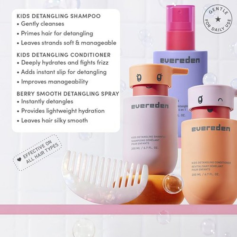 Evereden Kids Haircare Set - Detangling Shampoo, Conditioner & Pain-Free Brush | Vegan, Sulfate-Free, 3+