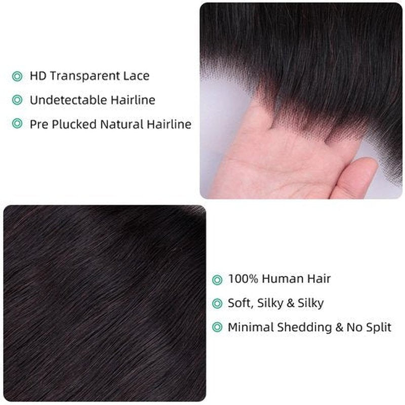 13x6 Full Lace Frontal Closure Invisible HD Transparent Swiss Lace Closure Pre Plucked Bleached Knots with Baby Hair 12A Grade Brazilian Virgin Straight Human Hair Frontal Free Part 16 Inch