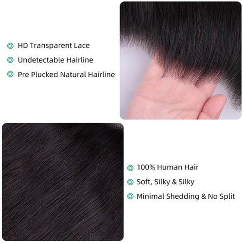 13x6 Full Lace Frontal Closure Invisible HD Transparent Swiss Lace Closure Pre Plucked Bleached Knots with Baby Hair 12A Grade Brazilian Virgin Straight Human Hair Frontal Free Part 16 Inch