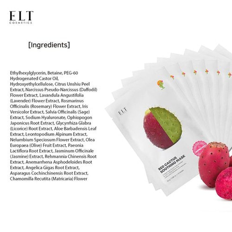 ELT Red Cactus Extract Sheet Mask 10 Pack (5,000 ppm) - Hydrating & Plumping Korean Face Mask with Hyaluronic Acid - Brightening & Anti-Aging Care, Vegan Korean Skincare (25g / 0.88 oz Each)
