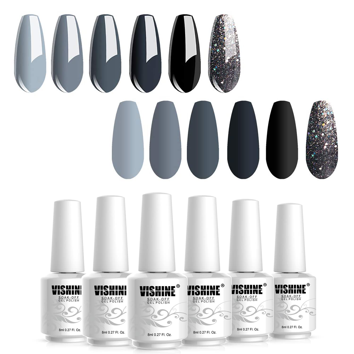 Vishine Classic Gray Serie Gel Nail Polish Set - 6 Different Gray Shades Glitter Polish Kit Popular Nail Art Design Soak Off LED Lamp Manicure Kit
