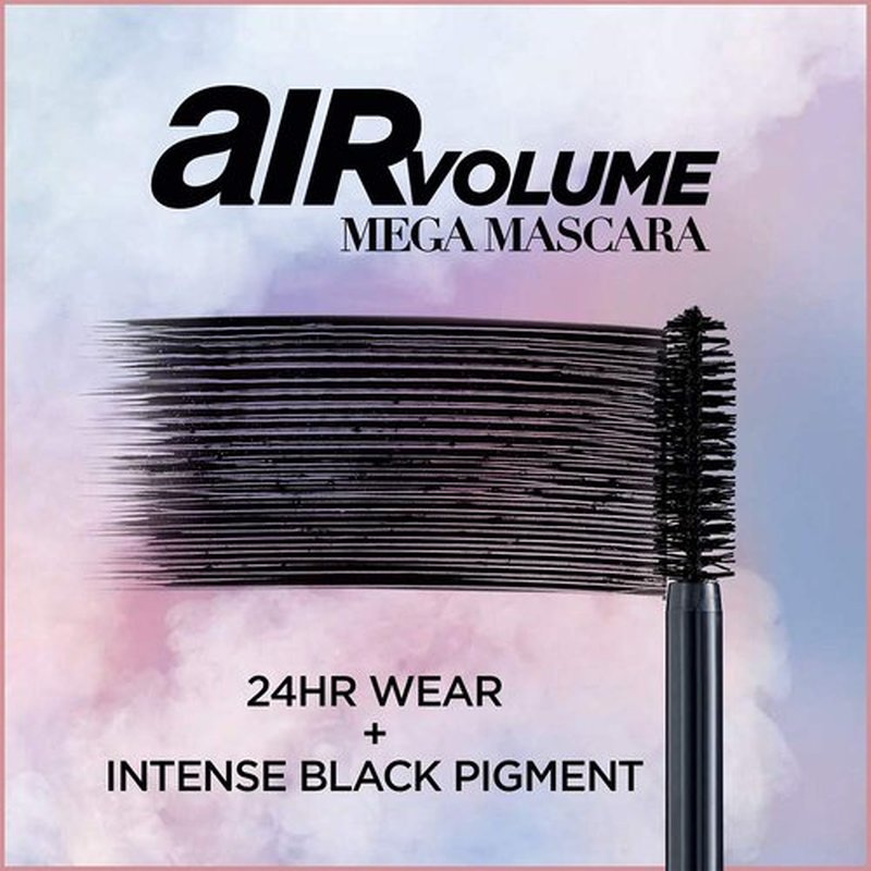 L'Oreal Paris Makeup Air Volume Mega Mascara, Lightweight & Long-lasting Volumizing Mascara for Voluminous Eyelashes, Waterproof Blackest Black, 0.3 Fl Oz