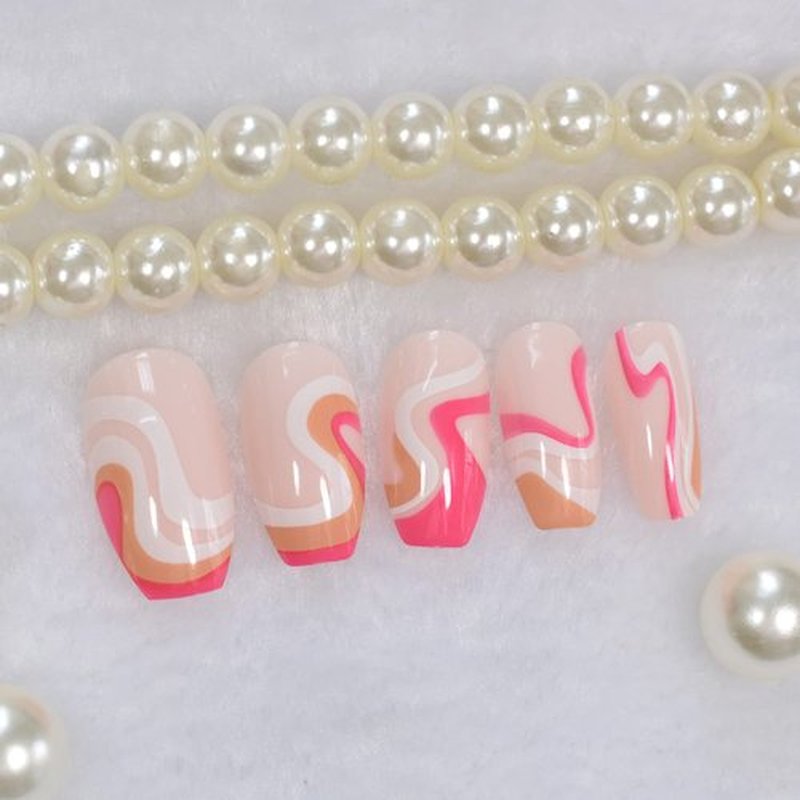 Pink Orange White Swirls, Medium Coffin Fake Nails, Glossy Design Nails Art Acrylic Full Cover Fake Nails, Women Girls Gift False Nails, Nails Stickers, Daily Date Festival Faux Ongles 24 pcs/kit