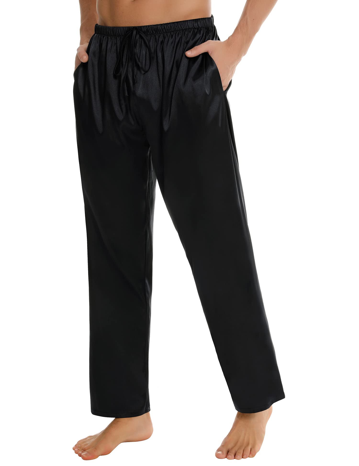 SWOMOG Men's Satin Silky Pajama Pant Long Pj Bottoms Soft Lounge Sleep Pants with Pockets & Drawstring Black X-Large