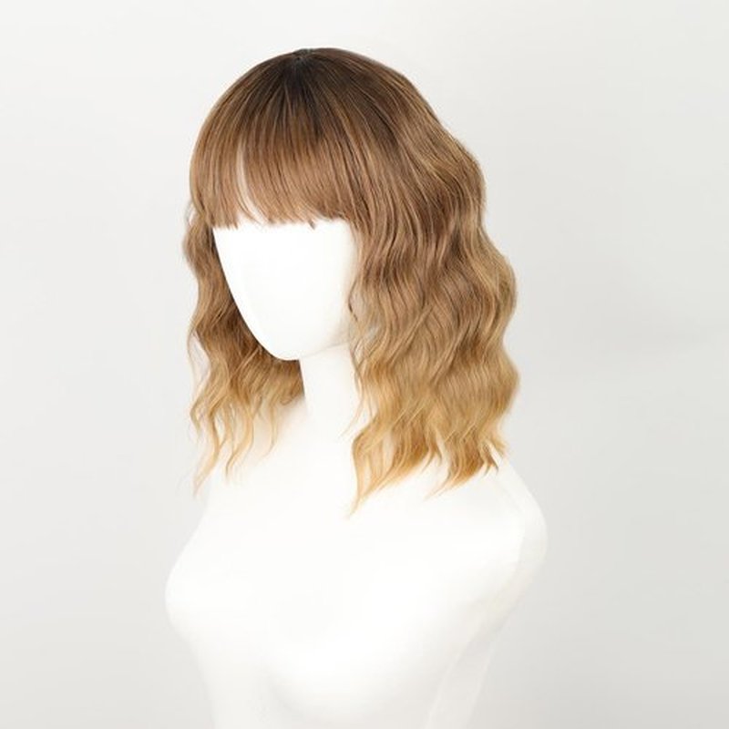 Twobla Rooted Mocha to Caramel Brown Latte Ombré Bob Wig With Bangs For Women | 16 Inch Bob Wavy Wig With Curtain Bangs | Heat Resistant, Wear & Go, No Glue Needed | Cosplay Use