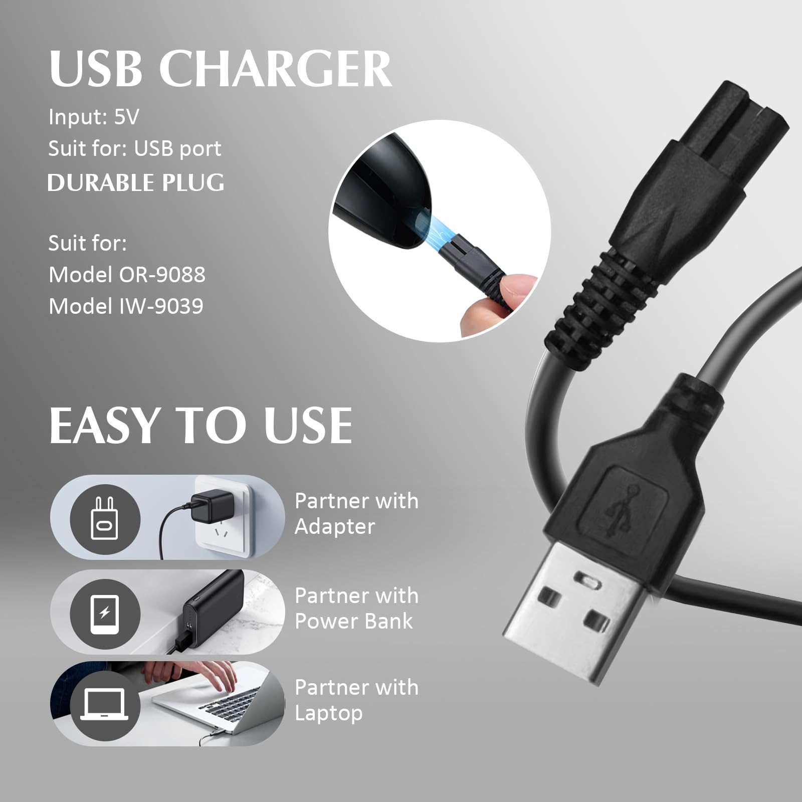 Orauley USB Charging Cable, Worldwide Durable USB Cord for OR-9088-Black Model IW-9039-Rose Gold Model Facial Cleansing Brush