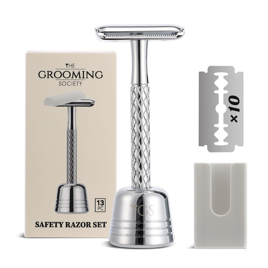 THE GROOMING SOCIETY Double Edge Safety Razor for Men with Stand and Silicone Cover - Durable Metal Eco-Friendly Single Blade Safety Razor with 10 Blades- Closed Smooth Shave (Silver)