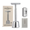 THE GROOMING SOCIETY Double Edge Safety Razor for Men with Stand and Silicone Cover - Durable Metal Eco-Friendly Single Blade Safety Razor with 10 Blades- Closed Smooth Shave (Silver)