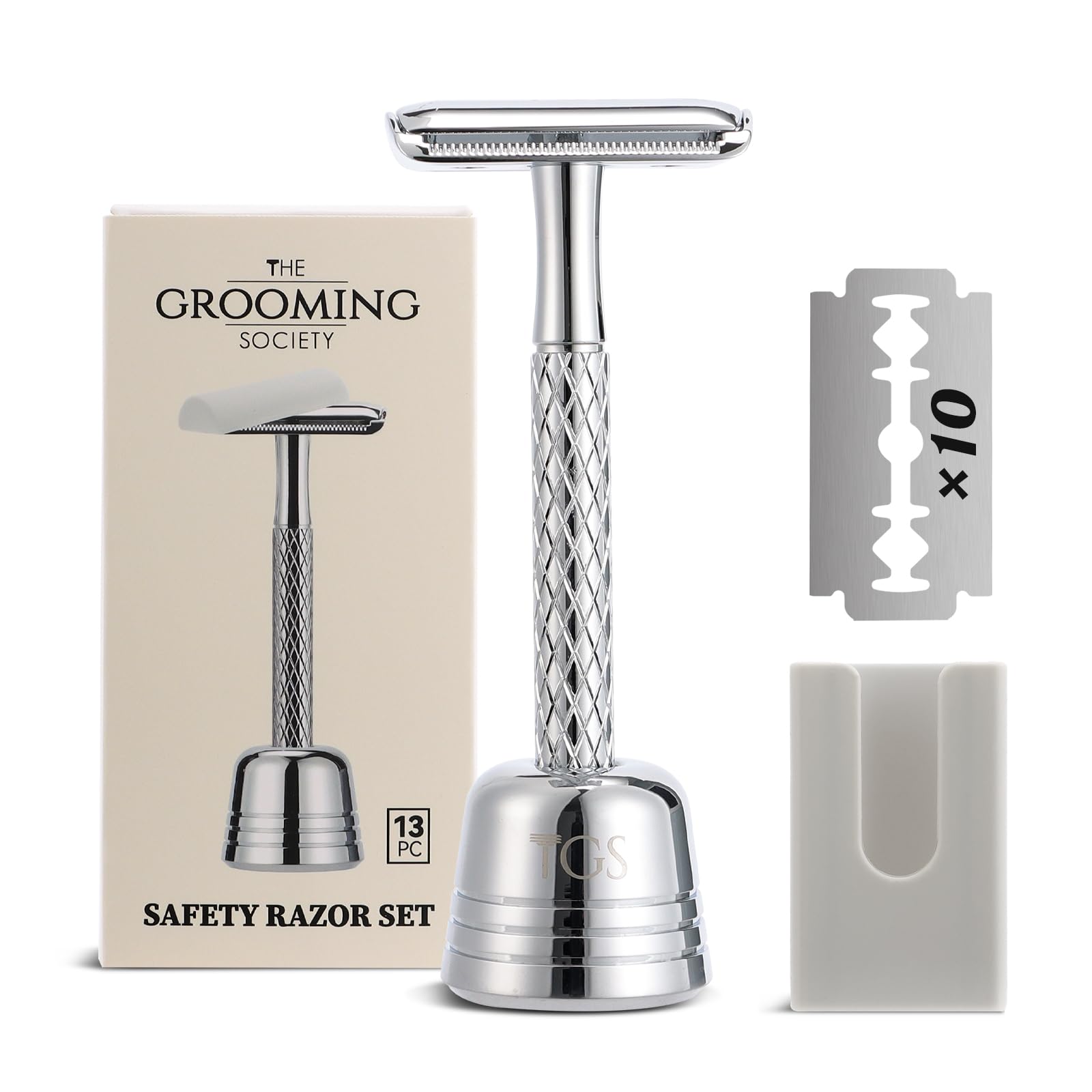 THE GROOMING SOCIETY Double Edge Safety Razor for Men with Stand and Silicone Cover - Durable Metal Eco-Friendly Single Blade Safety Razor with 10 Blades- Closed Smooth Shave (Silver)