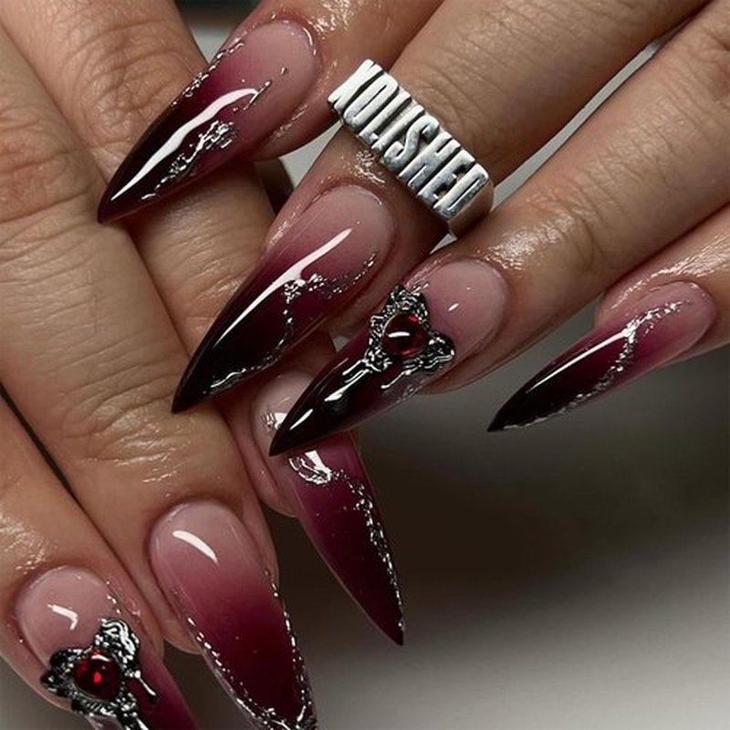 TENPAL Gothic Press on Nails Long Stiletto,Black Purple Glitter Ombre Fake Nails with 3D Gem Hearts,Gothic Edgy False Nails for Halloween Party,Reusable Full Manicure Kit 24Pcs Amethyst Vampire nails