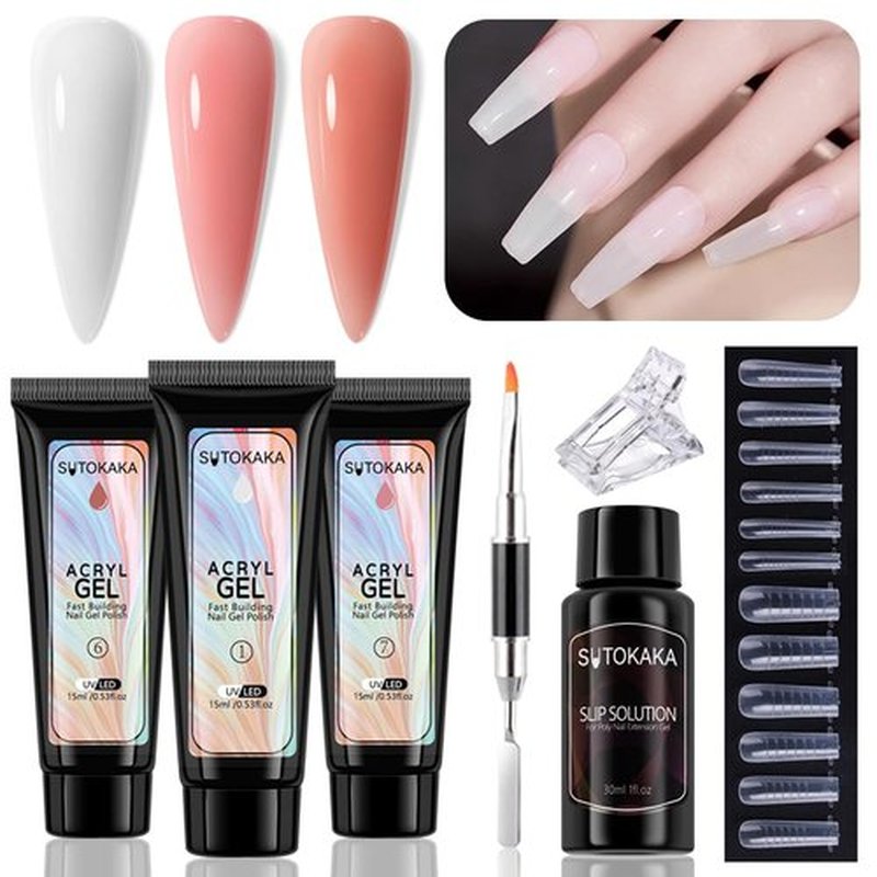 SUTOKAKA Poly Gel Nail Kit, 3 Colors White Nude Pink with Slip Solution Dual Nail Forms Dual-Ended Brush, Builder Gel Enhancement Starter Kit for Manicure DIY Salon Home Use