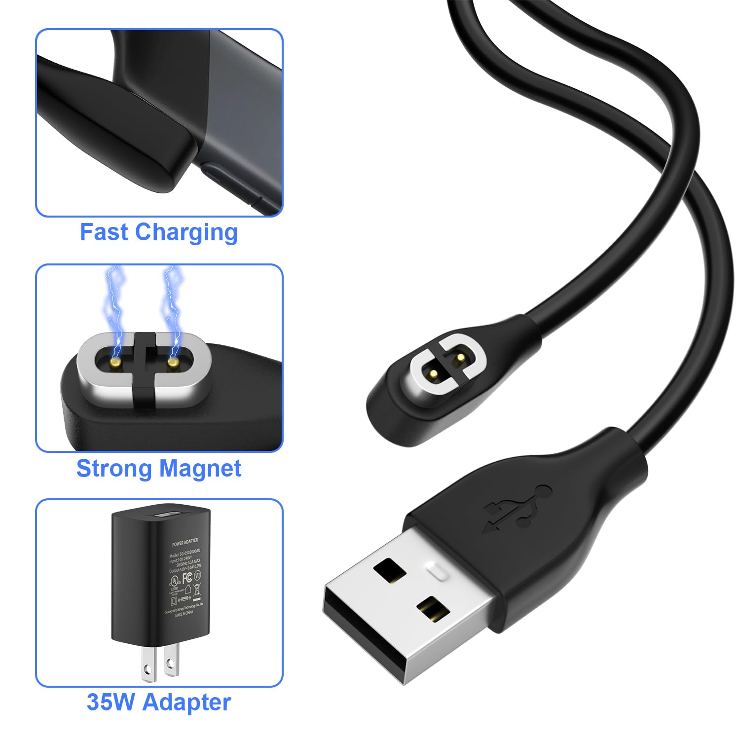 Gamorek Charger Compatible with Shokz, Charging Cable with Adapter, Magnetic USB Cord for Aftershokz OpenRun Pro/Mini/Aeropex AS800/ OpenComm Bone(3.2ft