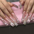 Long Press Long Nails Coffin French Tips with Design 3D Bow Flower Rhinestone Bling Artificial Glue On Nails - Full Cover Glossy Acrylic - 24 Pcs