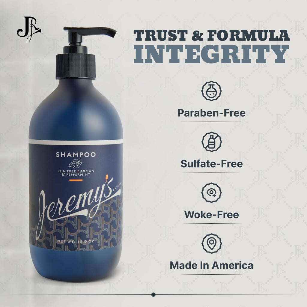 Jeremy's Razors Men's Shampoo - Natural Tea Tree Oil, Argan Oil, Mint - Sulfate Free, Volumizing, Anti Dandruff, Thickening, Clarifying, Dry Itchy Scalps, All Mens Hair Types (Made in USA 16.9 Fl Oz)