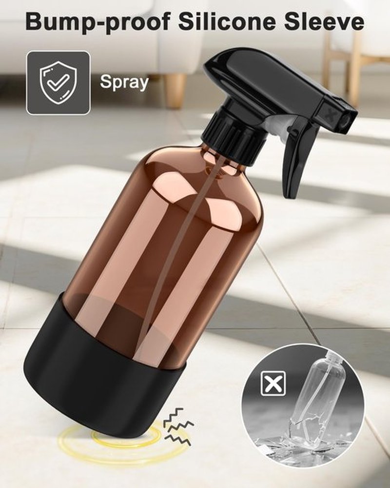 Bontip Amber Glass Spray Bottle - 16 oz Refillable with Silicone Sleeve for Cleaning & Aromatherapy (Black Sleeve)